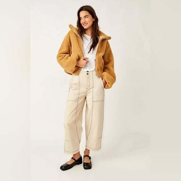 NWT Free People Get Cozy Teddy Full Zip Jacket in Camel Tan - Picture 2 of 12